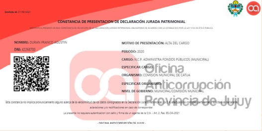 Constancia Electrónica de Presentación de Declaración Jurada Patrimonial